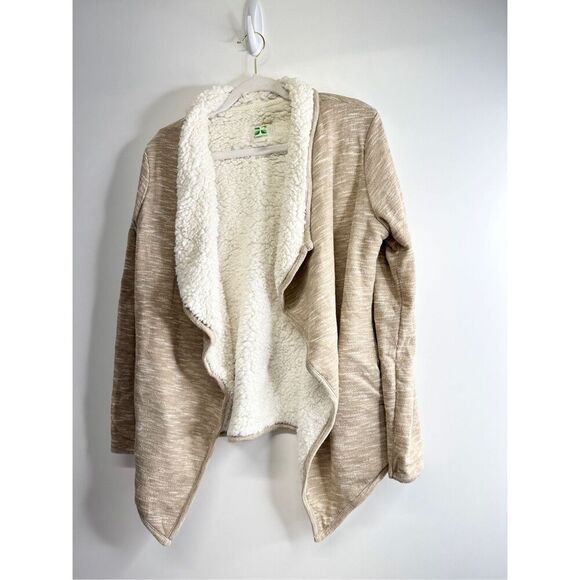 Green Tea Sherpa Lined Open Cardigan Tan Womens Size Medium Side Pockets - Picture 3 of 7